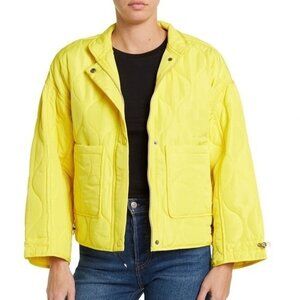 Womens Lucky Brand Neon Yellow Boxy Quilt Jacket Zip Size Large Pockets 6865 EUC